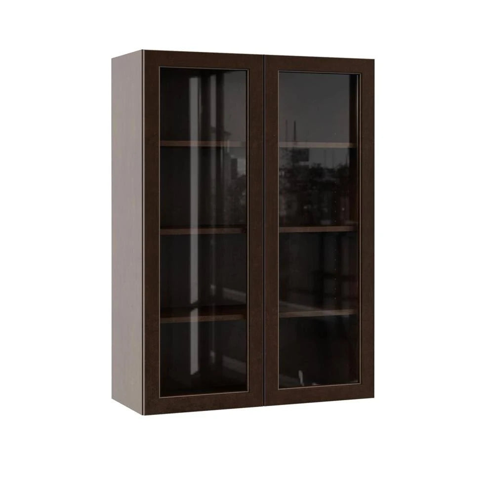 Assembled Wall Kitchen Cabinet with Glass Doors in Espresso, Brown G77901