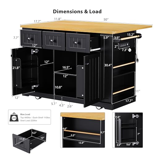 53" Kitchen Cart Island on Wheels with Power Outlet P110021
