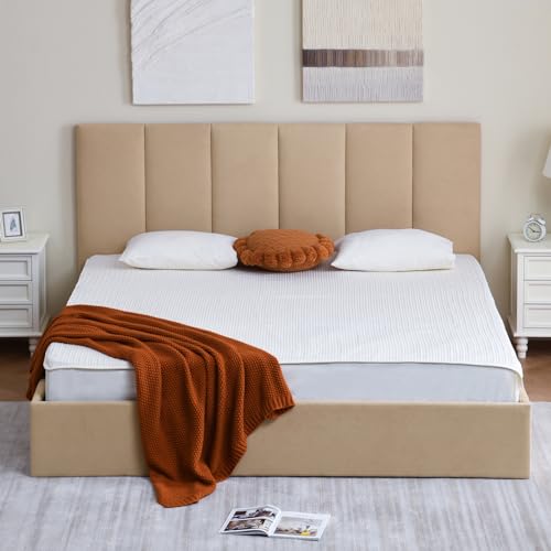 California King Size Lift-Up Storage Upholstered Platform Bed Beige J498340