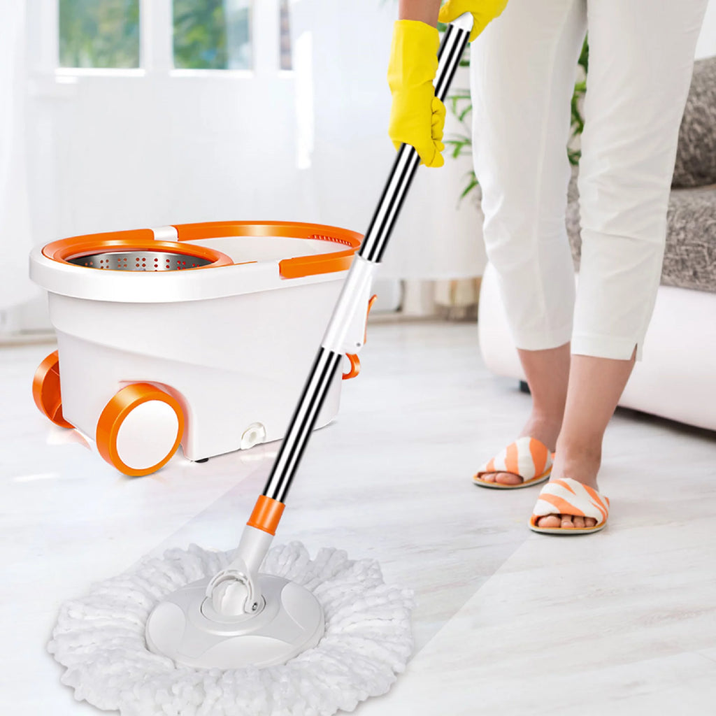 Spin Mop and Bucket System with Wringer Set, 6 Microfiber Mop Heads P31040