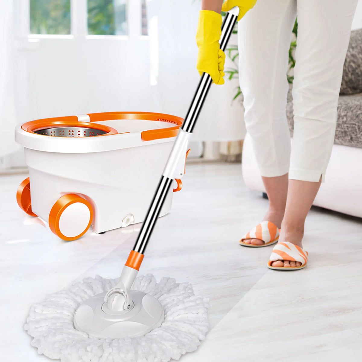 Spin Mop and Bucket System with Wringer Set, 6 Microfiber Mop Heads P31040