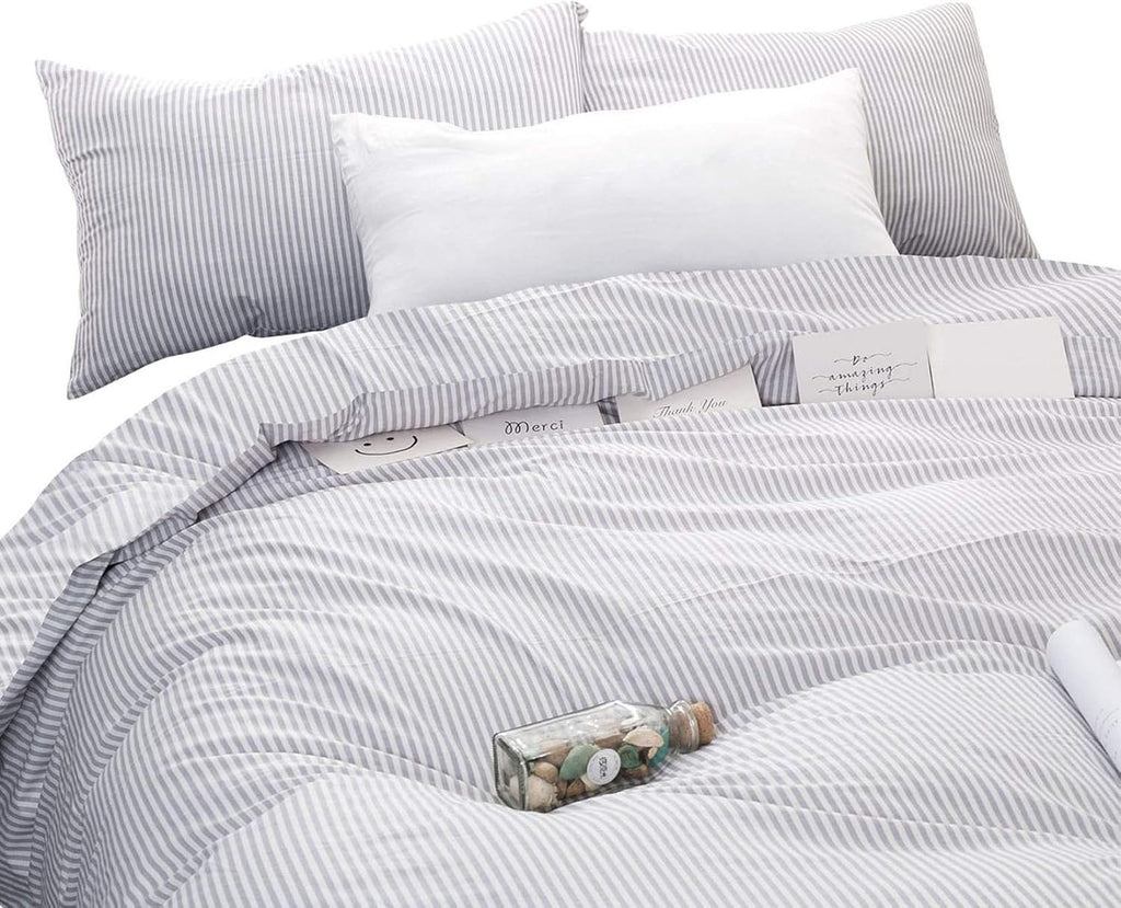 Gray White Striped 100% Cotton Duvet Cover Set, California King Size E448082