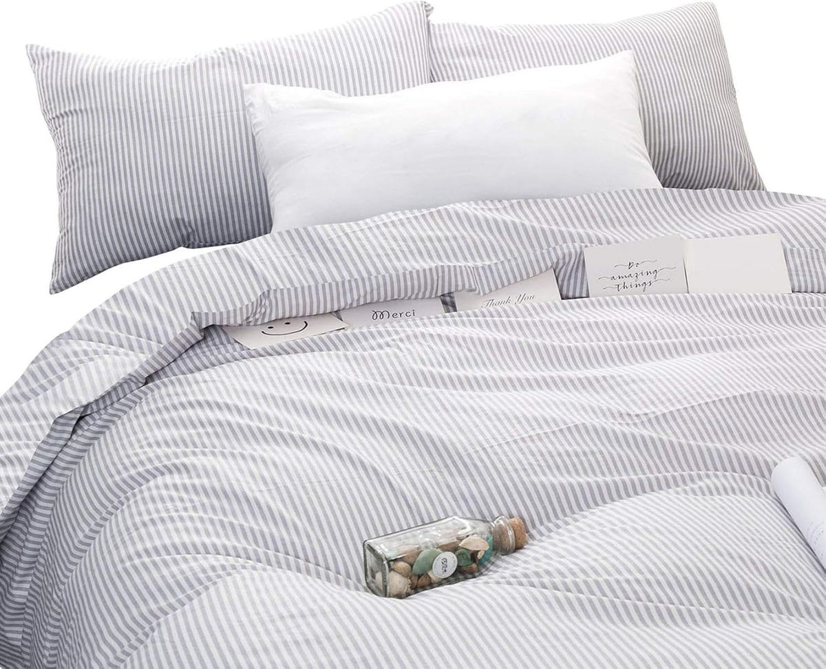 Gray White Striped 100% Cotton Duvet Cover Set, California King Size E448082