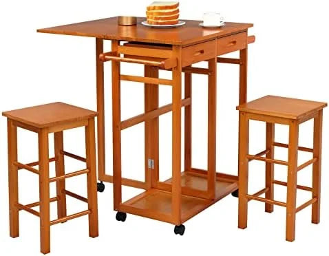 Drop Leaf Solid Wood Table and Stool Set with 2 Drawers A12314