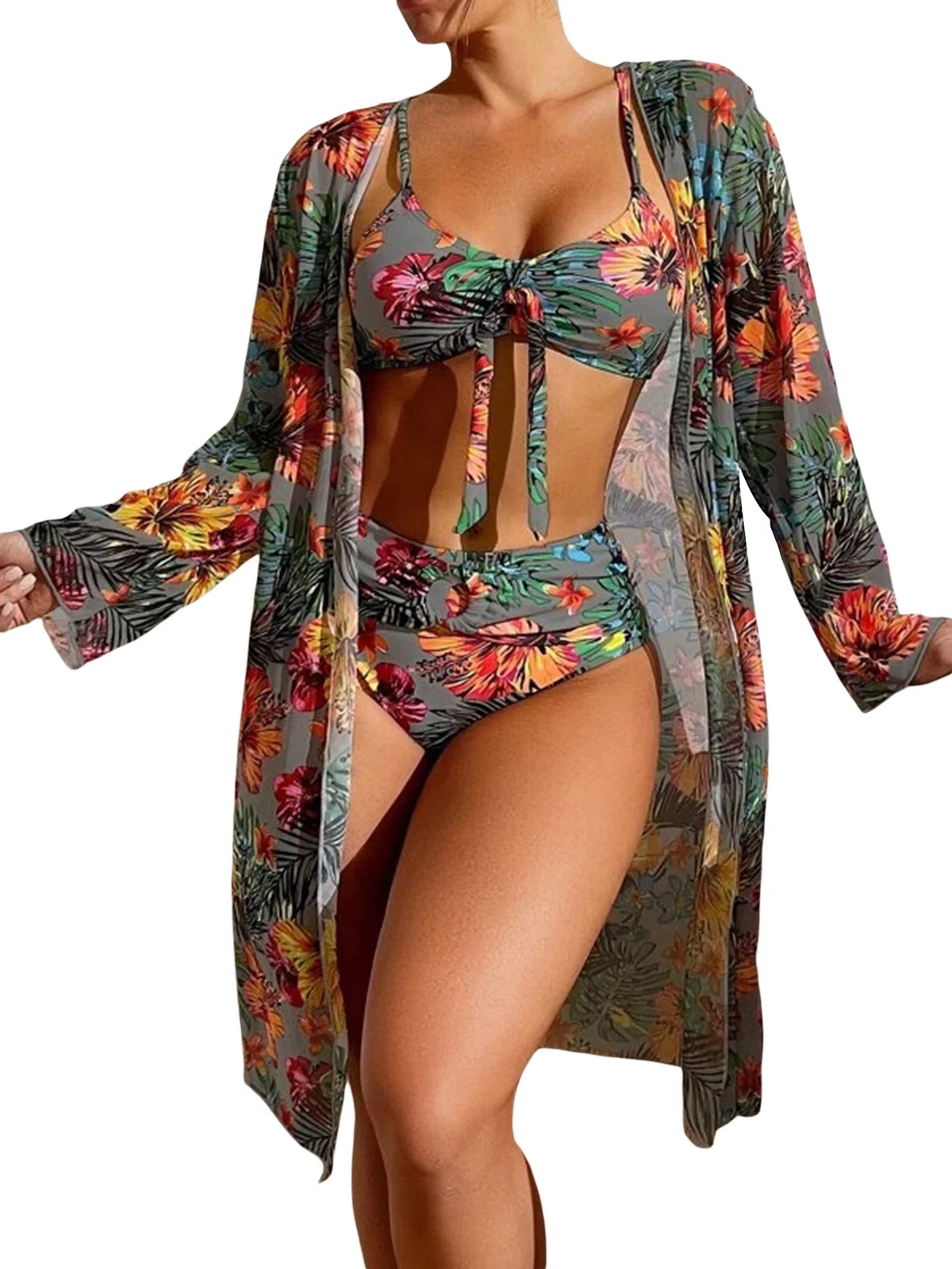 3 Pcs Floral Leaves Print Sling Padded Bra Thong Bottoms Long Sleeve Open Front Cover-Ups Bikini D1218