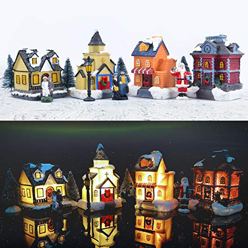LED Lighted Christmas Village Houses with Figurines E49373