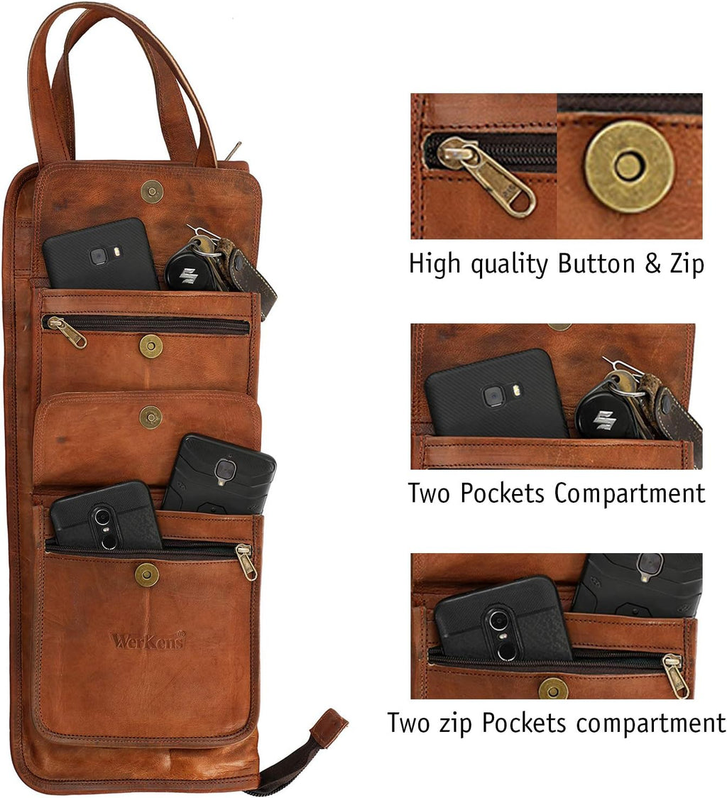 Leather Drumstick Bag Holds 10-12 Pairs Brown Z585404