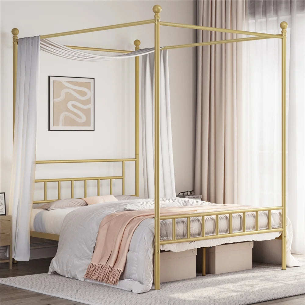 Queen Black Metal Canopy Bed Frame with Headboard & Footboard U666598