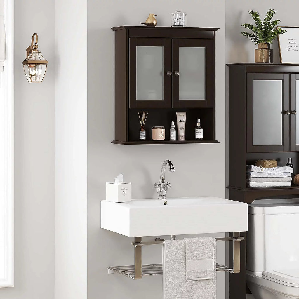 Espresso Wood Wall Cabinet with Glass Doors X89360