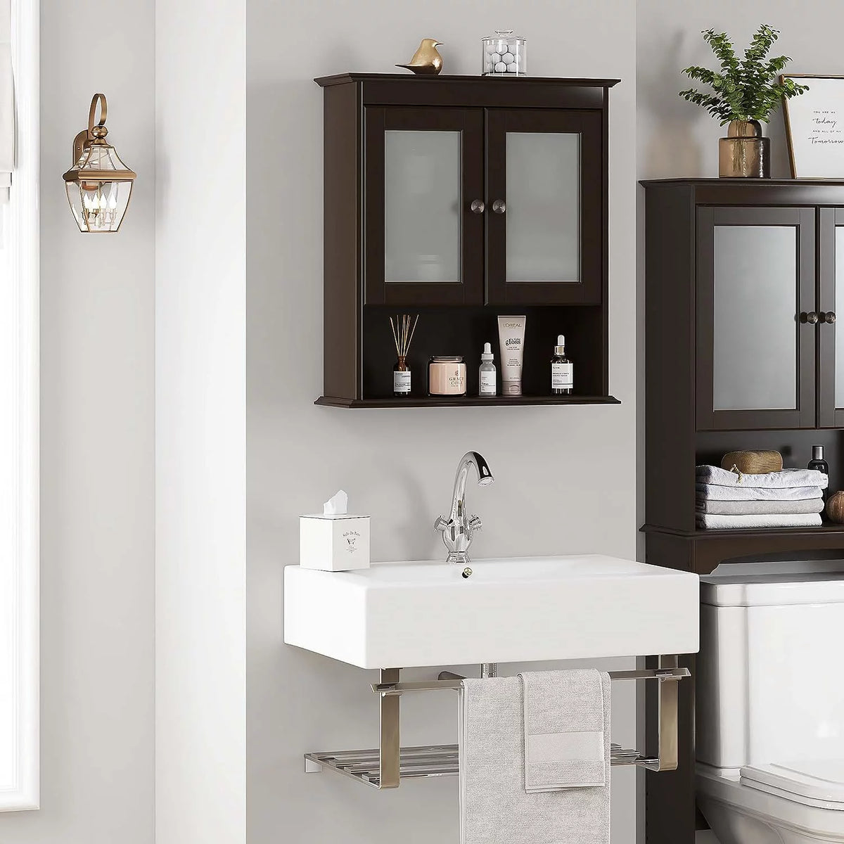 Espresso Wood Wall Cabinet with Glass Doors X89360