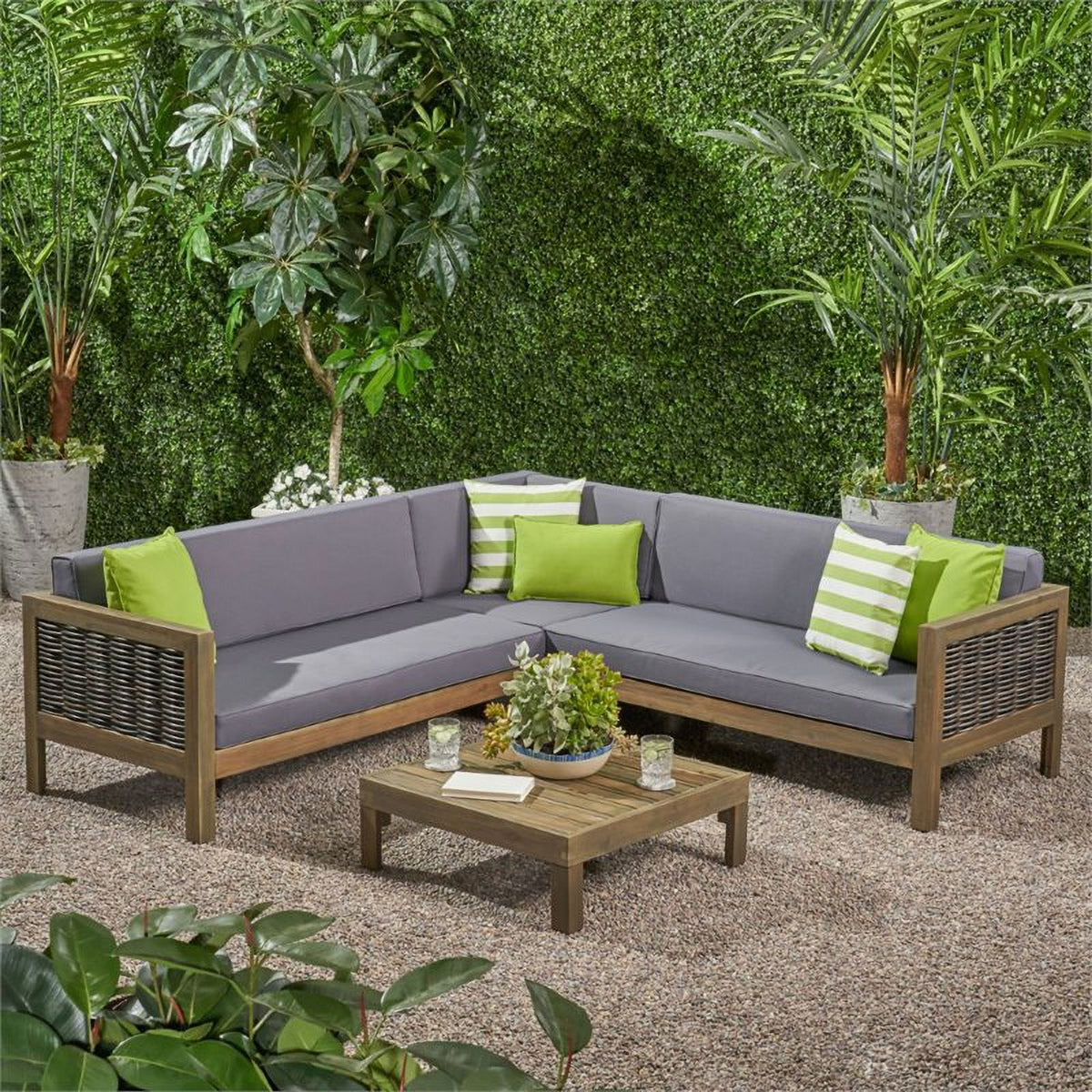 Gray 4 Piece Outdoor Wood and Wicker Sectional Sofa Set W693