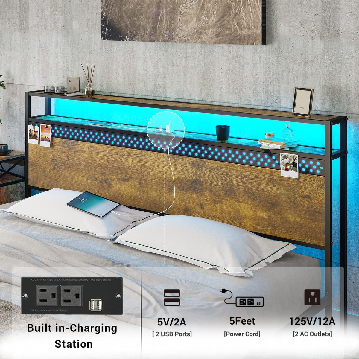 King Bed Frame with USB Ports and Outlets W6468