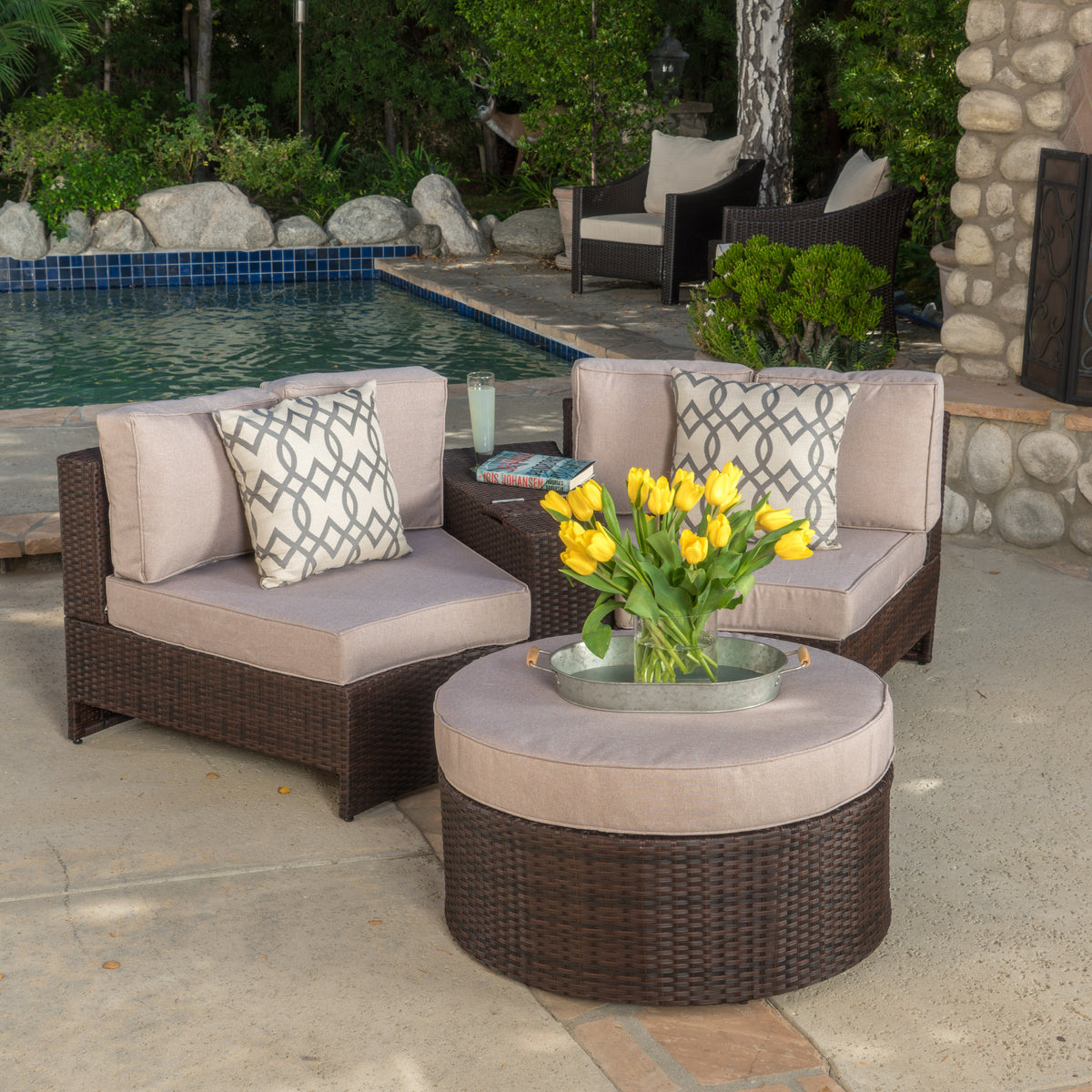 Textured Beige and Brown Outdoor Wicker 2 Seater Sectional Set with Ottoman S381475