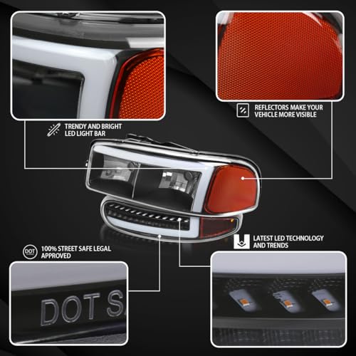 Compatible with 2000-2006 GMC Sierra Denali Black Smoke LED Tube Headlights + Sequential Bumper Lights V99329