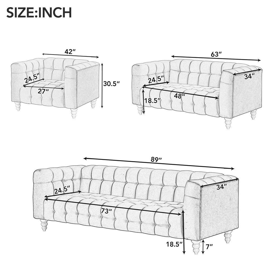 90" Blue Tufted 3 Seater Sofa F9024