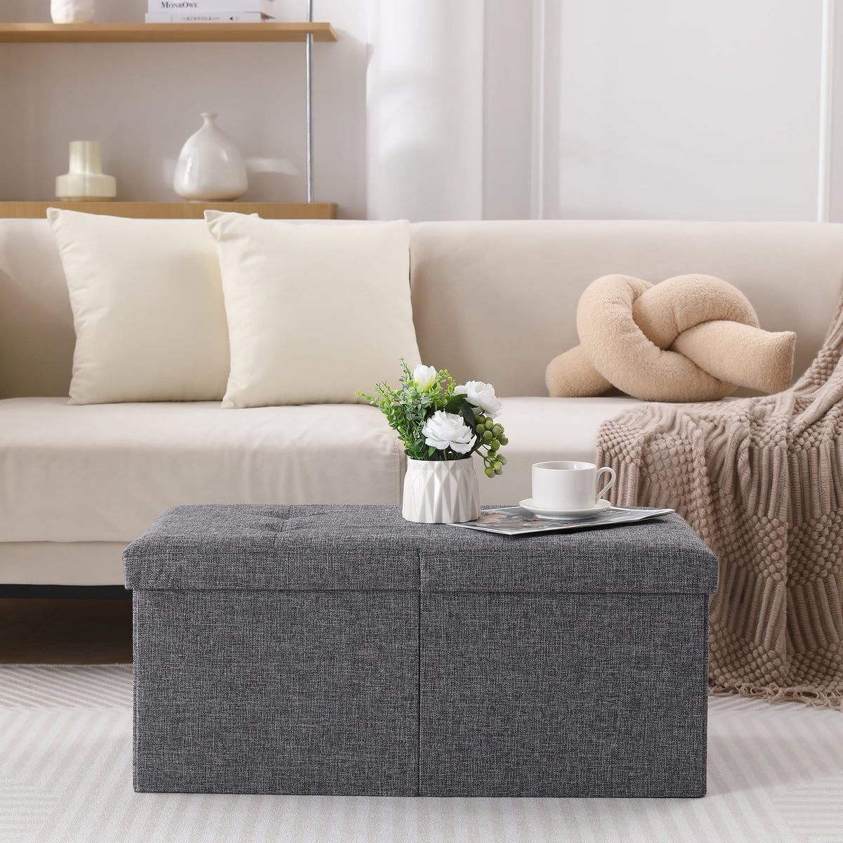 Linen Fabric Storage Ottoman Bench H9802