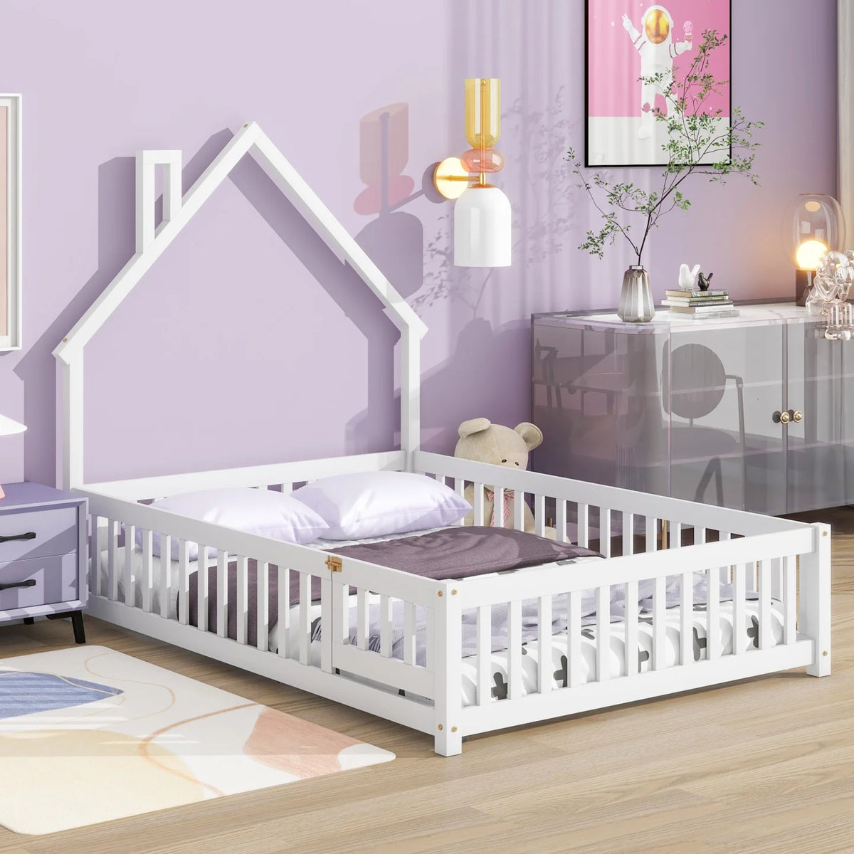 Grey Twin Size Wood Floor Bed with Fence O1829