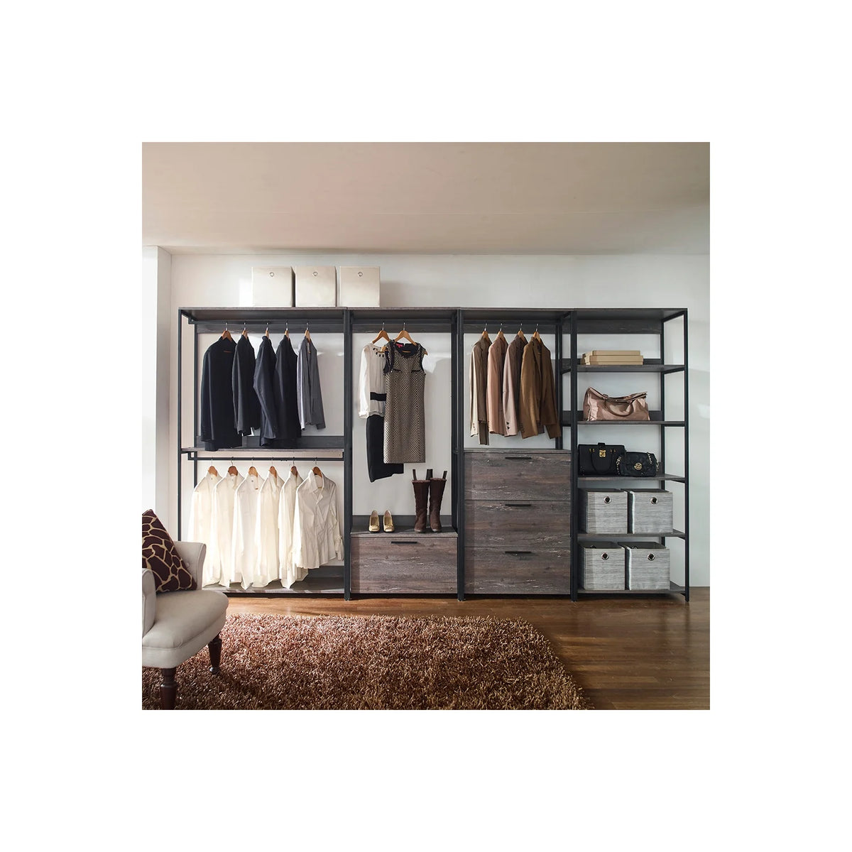 Rustic Gray Wood and Metal Walk-in Closet with 5 Shelves O983