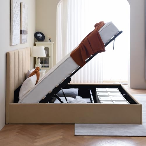 California King Size Lift-Up Storage Upholstered Platform Bed Beige J498340
