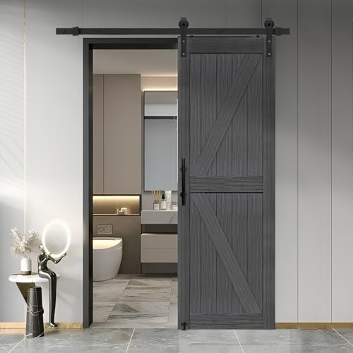 20 in x 84 in Elephant Gray Solid Wood Barn Door with Sliding Door Hardware Kit W732