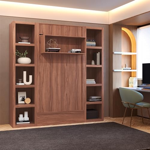 Queen Murphy Wall Bed in Brown Wood Grain with Two Bookshelves I264