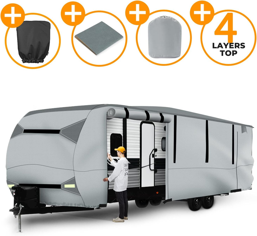 Gray Windproof Travel Trailer RV Snow Cover with Jack Cover & Patch Kit D3155