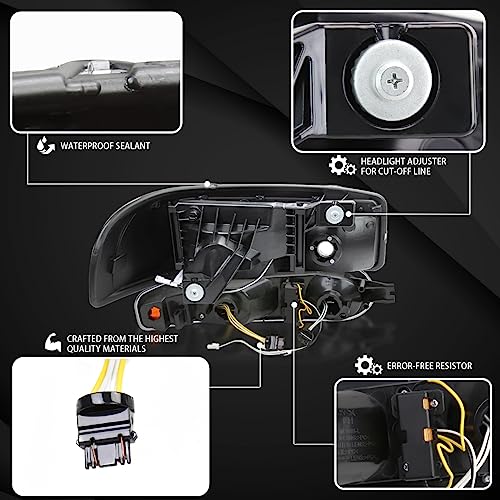 Compatible with 2000-2006 GMC Sierra Denali Black Smoke LED Tube Headlights + Sequential Bumper Lights V99329