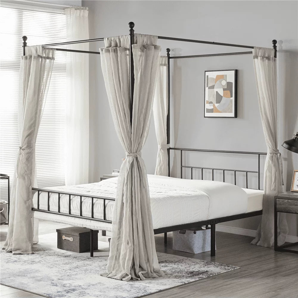 Queen Black Metal Canopy Bed Frame with Headboard & Footboard U666598