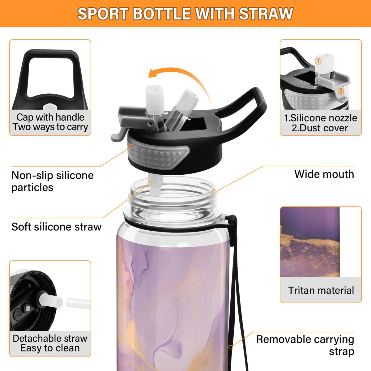Purple and Gold Marble 32oz Tritan Leakproof Water Bottle with Straw K966811