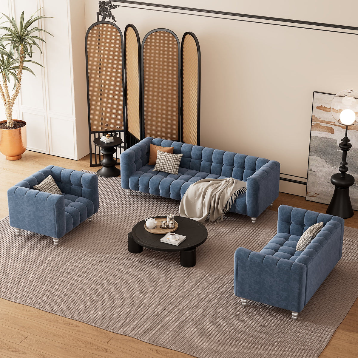90" Blue Tufted 3 Seater Sofa F9024