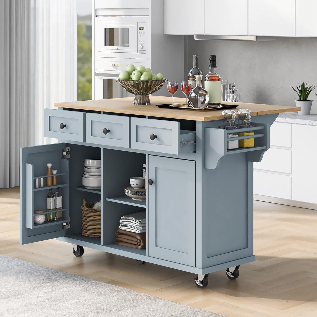 Blue Kitchen Cart with Rubber Wood Drop-Leaf Countertop D9175