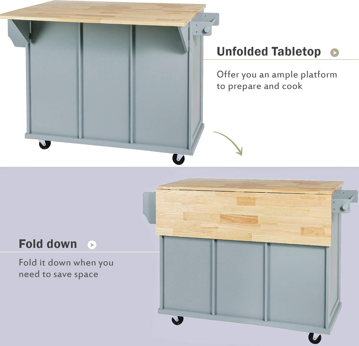 Blue Kitchen Cart with Rubber Wood Drop-Leaf Countertop D9175