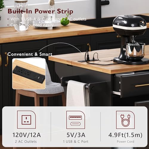 Black Farmhouse Kitchen Island with Drop Leaf, Barn Door, 3 Drawers, Adjustable Shelf, Spice Rack, 56" F706110