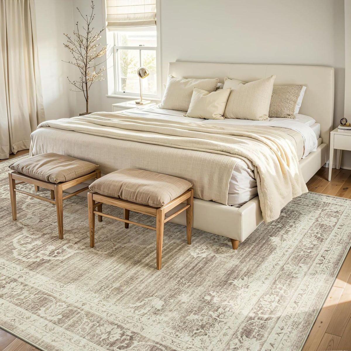 Beige 9x12 Washable Non Slip Low Pile Area Rug H1604
