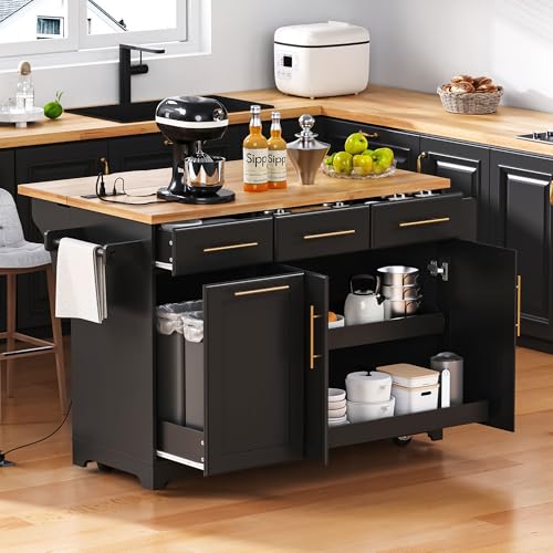 Black Farmhouse Kitchen Island with Drop Leaf, Barn Door, 3 Drawers, Adjustable Shelf, Spice Rack, 56" F706110