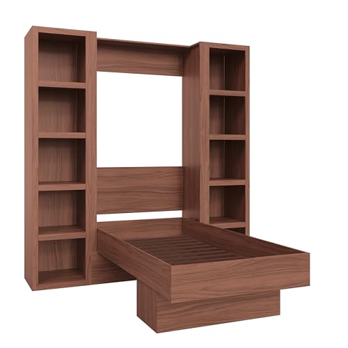 Queen Murphy Wall Bed in Brown Wood Grain with Two Bookshelves I264