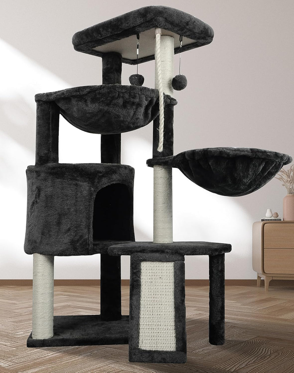 Darkgray Cat Tree with Cat Condo and Two Hammocks A11355