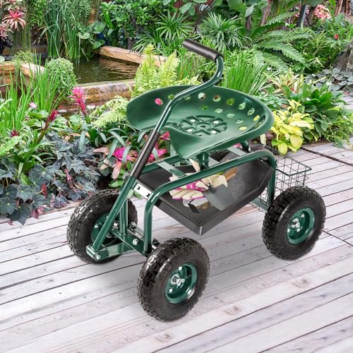 Blue Garden Cart with Rolling Work Seat Tool Tray and Storage Basket on Wheels X742