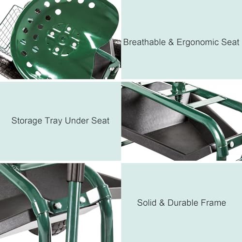 Blue Garden Cart with Rolling Work Seat Tool Tray and Storage Basket on Wheels X742