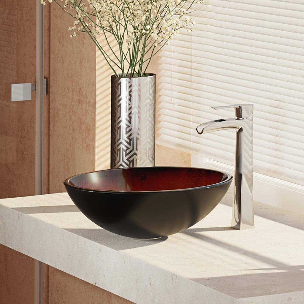 Foil Undertone Glass Vessel Sink with Chrome Faucet and Drain E9947