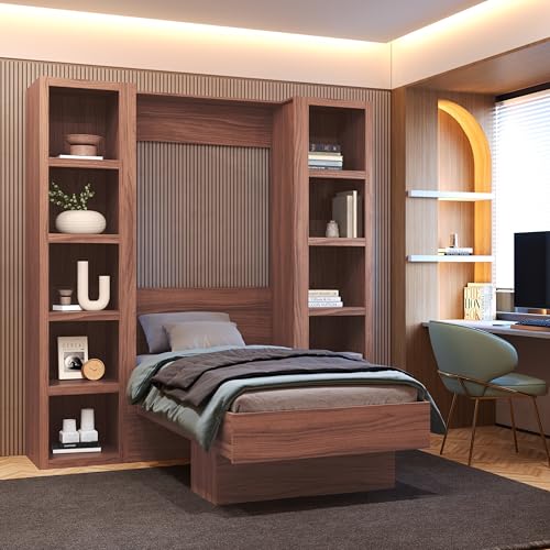 Queen Murphy Wall Bed in Brown Wood Grain with Two Bookshelves I264