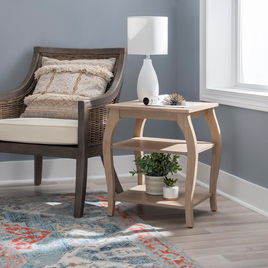 Natural Wooden Side Table with Curved Legs and Two Display Shelves H8309