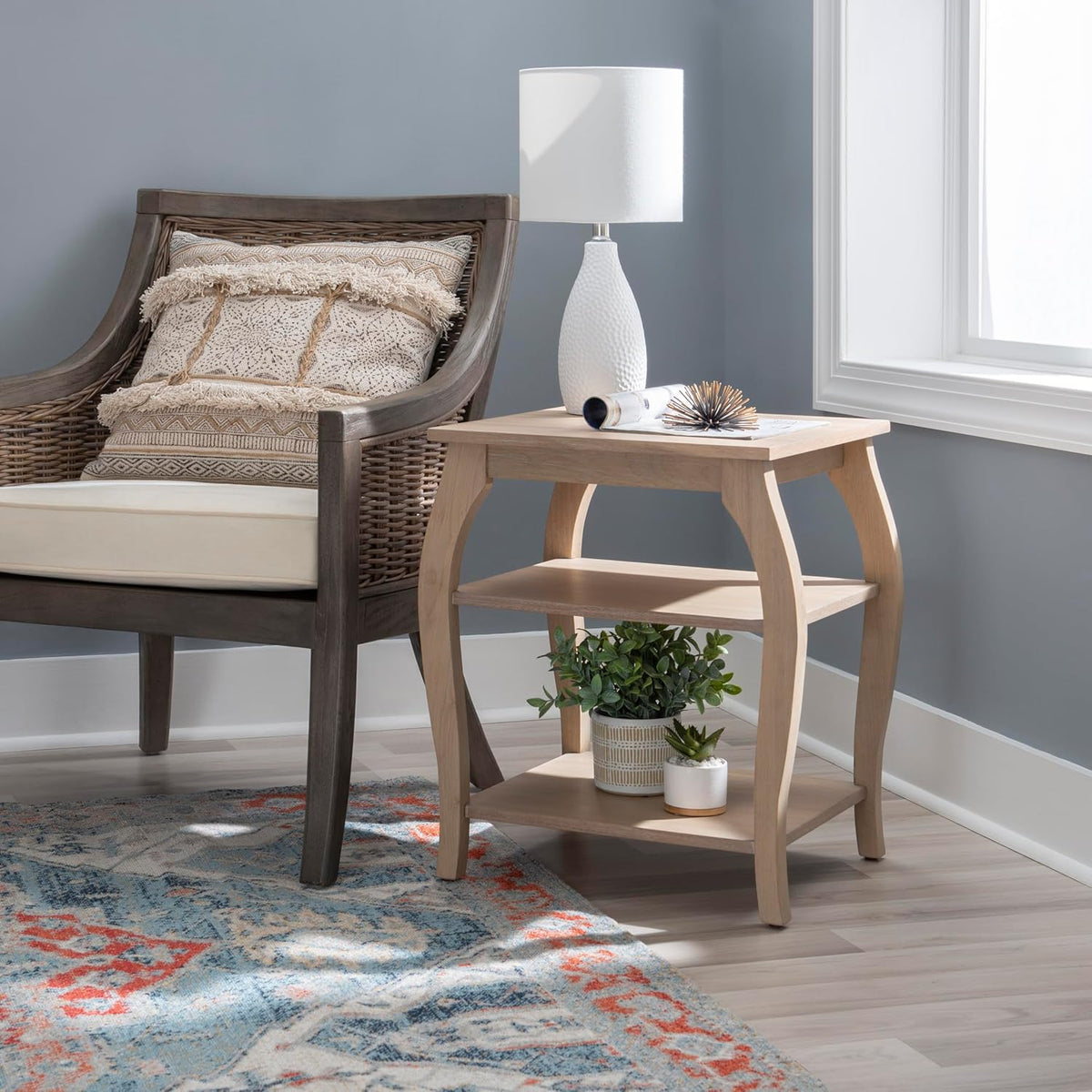 Natural Wooden Side Table with Curved Legs and Two Display Shelves H8309