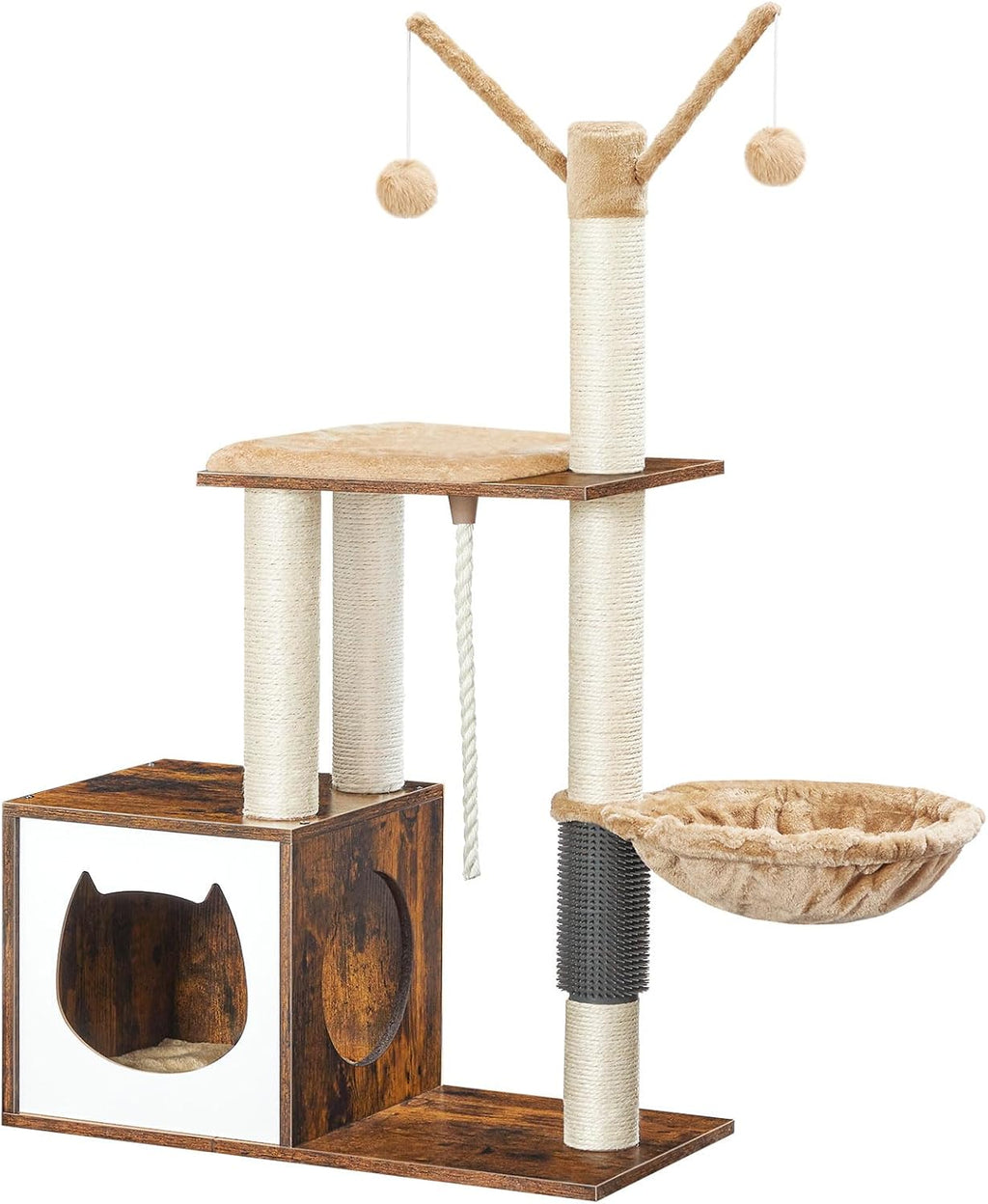 Rustic Brown Wooden Cat Tree with Scratching Posts Q43975