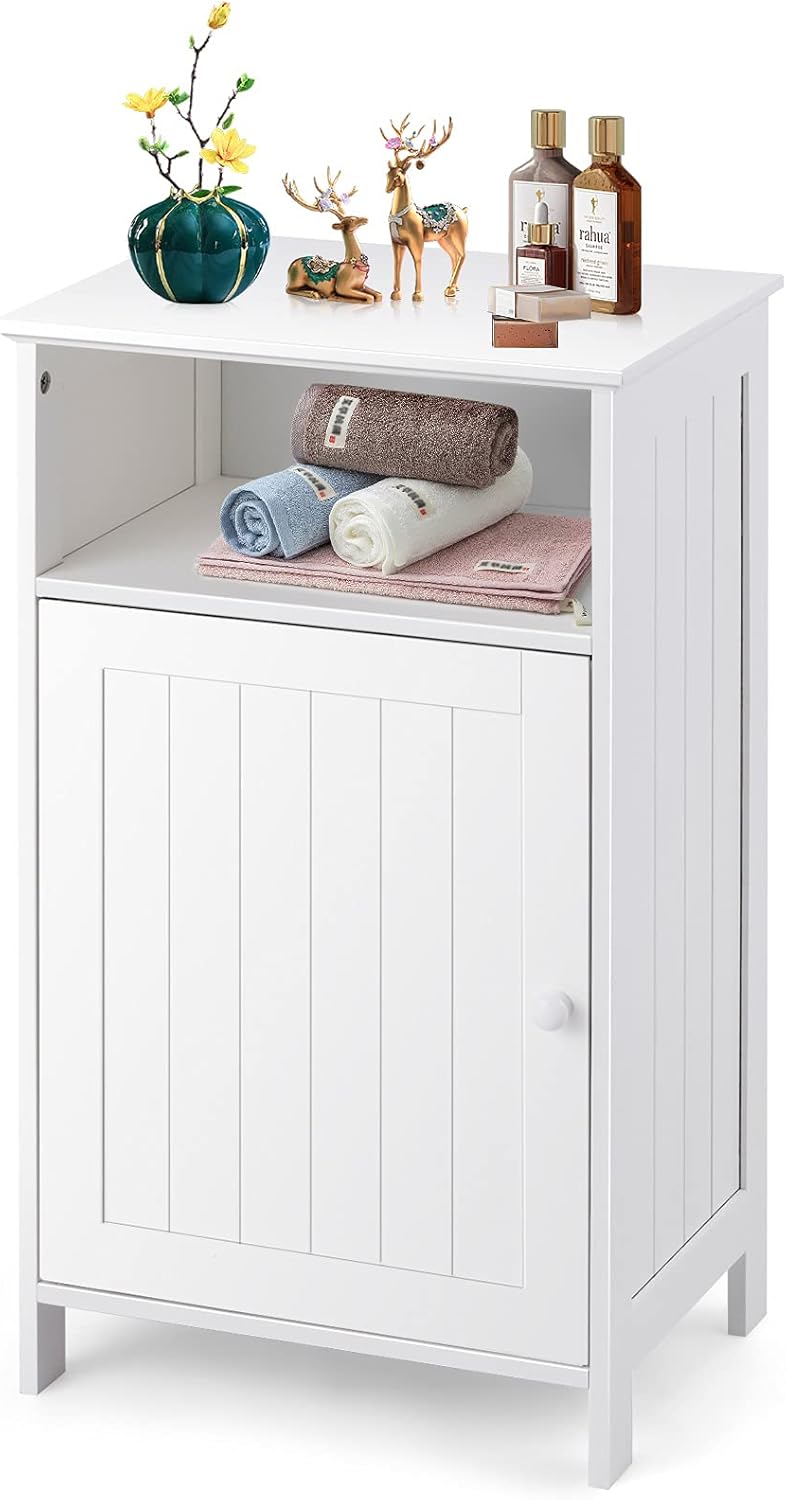 White Wooden Single Door Bathroom Floor Cabinet with Adjustable Shelf D1783