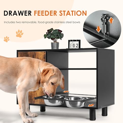 Large Pet Feeder Station with Stainless Steel Double Pull Out Raised Dog Bowls S762