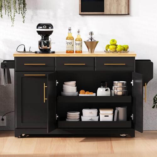 Black Farmhouse Kitchen Island with Drop Leaf, Barn Door, 3 Drawers, Adjustable Shelf, Spice Rack, 56" F706110