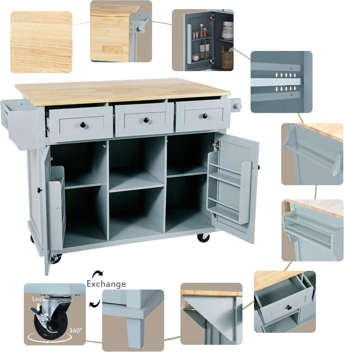 Blue Kitchen Cart with Rubber Wood Drop-Leaf Countertop D9175