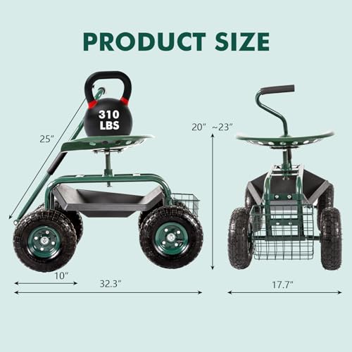 Blue Garden Cart with Rolling Work Seat Tool Tray and Storage Basket on Wheels X742