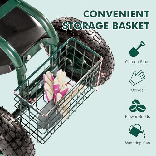 Blue Garden Cart with Rolling Work Seat Tool Tray and Storage Basket on Wheels X742